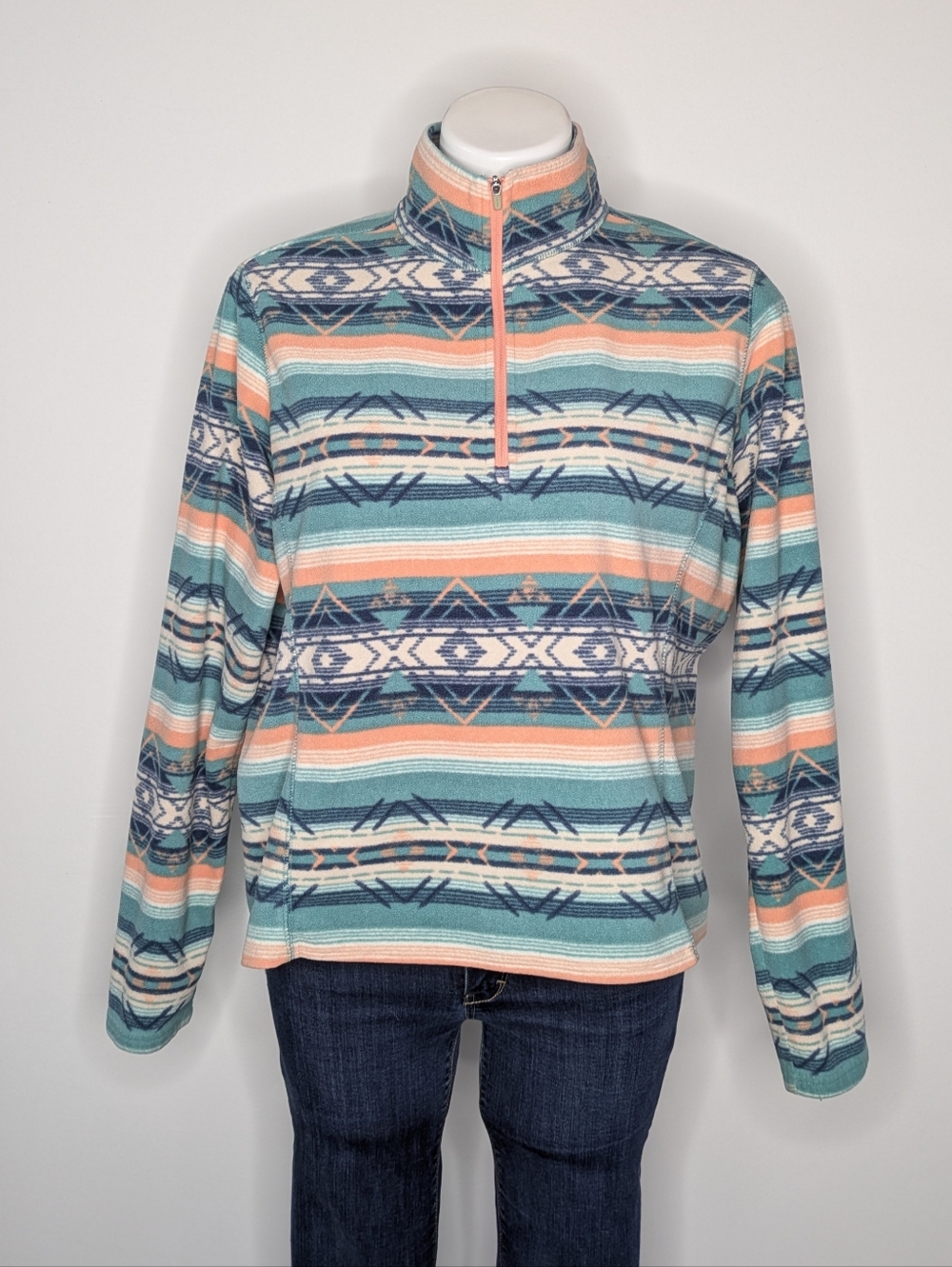 Eddie Bauer White Blue Orange Western Aztec 1/3 Zip Fleece Pullover XL